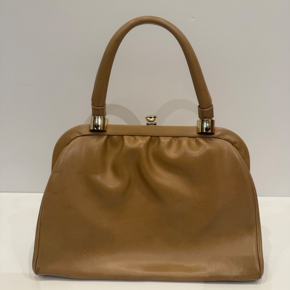 Vintage Granada USA Tan Leather Top Handle Handbag Kiss Lock Gold Hardware‎ MCM